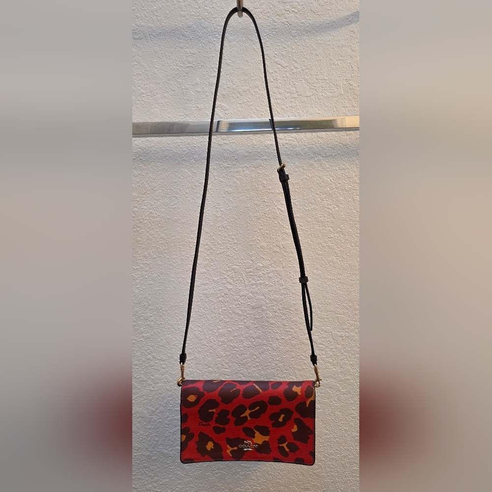 Coach Red and Brown Leopard Ocelot Print Leather Crossbody Bag - Picture 2 of 16